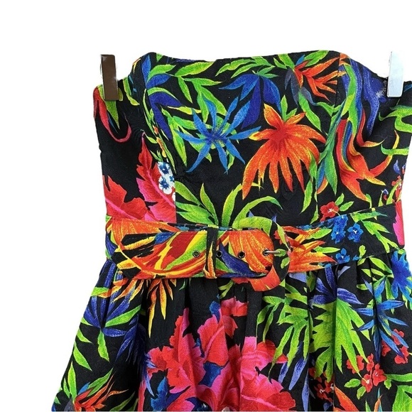 Vtg AJ Bari Tropical Leaf Belted Strapless Cocktail Dress Black Green Size 8 - Picture 3 of 8